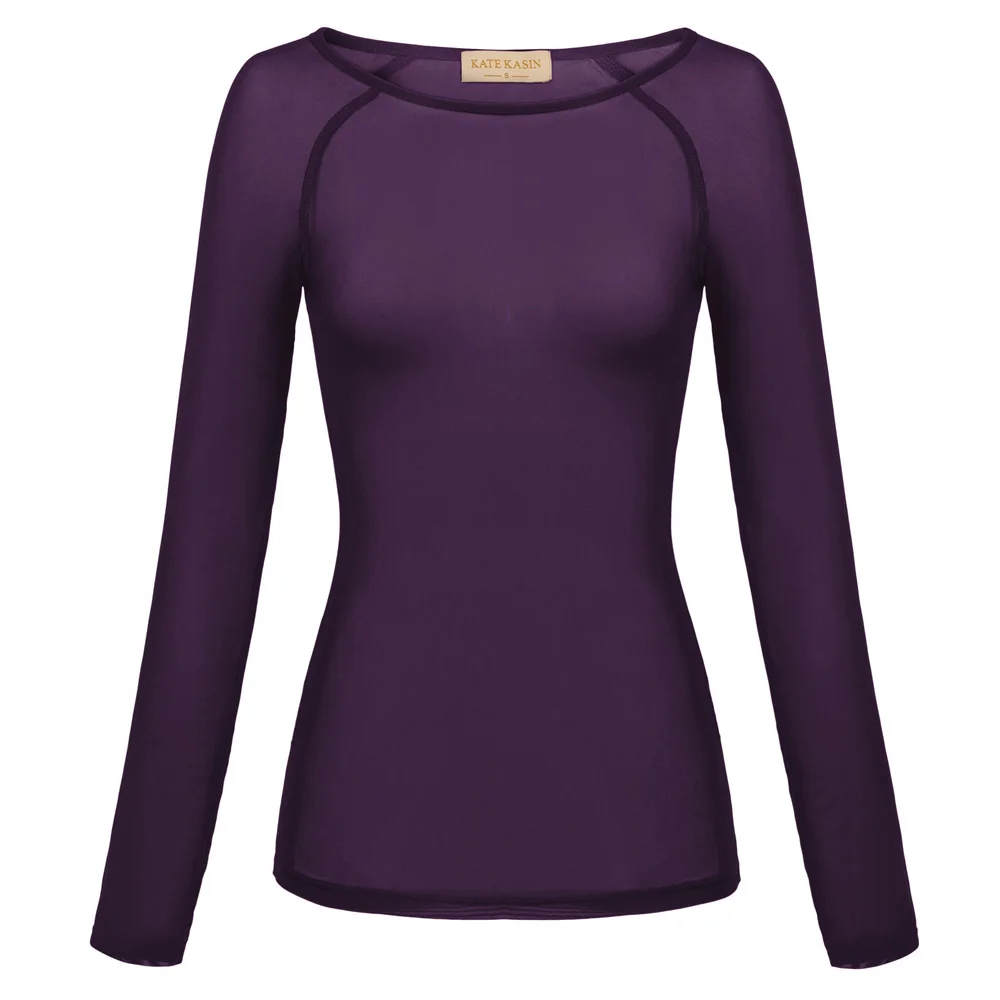 Purple KK сексуальные женские топы с длинным рукавом совок шеи прозрачные рубашки сплошного цвета - Цвет: Purple