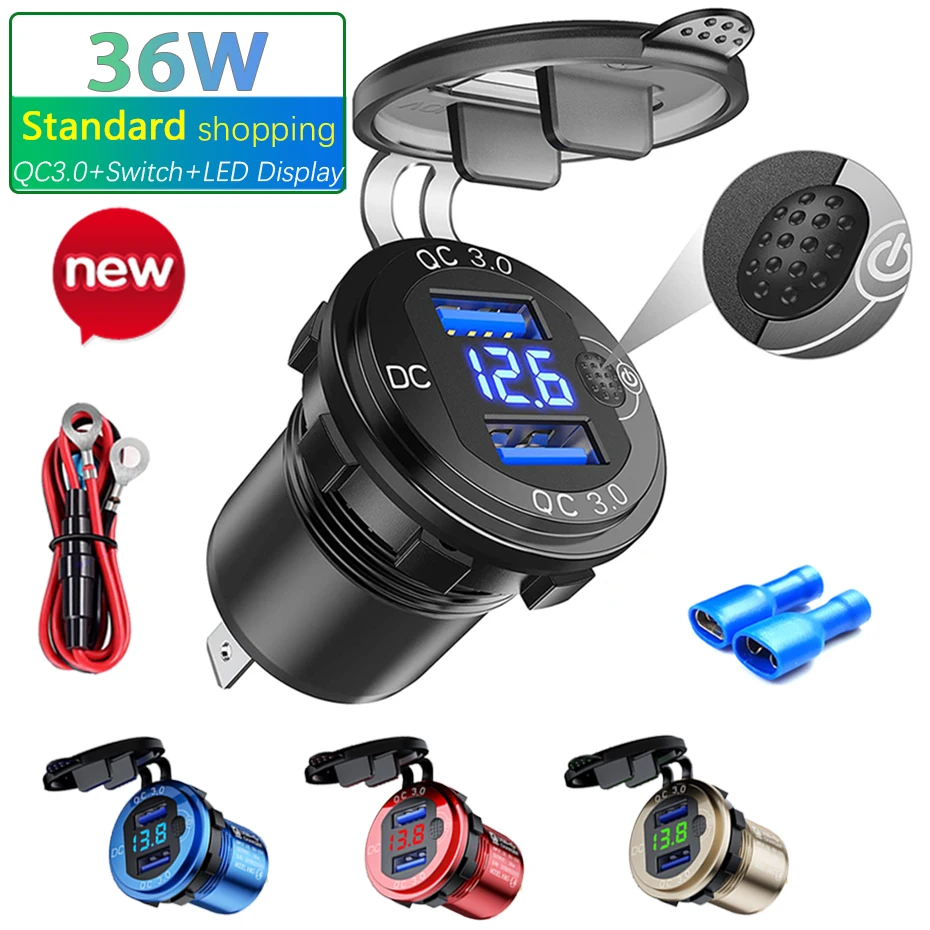 36W Dual USB 12V 12V cargador hembra QC 3,0 pantalla LED interruptor resistente al agua coche Universal enchufe para el teléfono Tablet Cámara GPS
