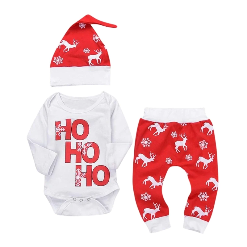 

Xmas Baby Jogging Girl 3pcs Outfits Set Letter Play Suit Jumpsuit + Deer Sport Pants + Soft Cap Christmas Outfits Set Princess L