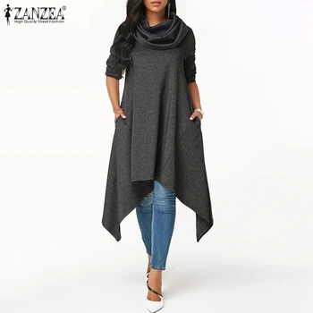 

ZANZEA Women Sweatshirt Casual Turtleneck Hoodies Sweatshirts 2020 Fashion Asymmetrical Hem Hoodie Pockets Long Sudadera Mujer