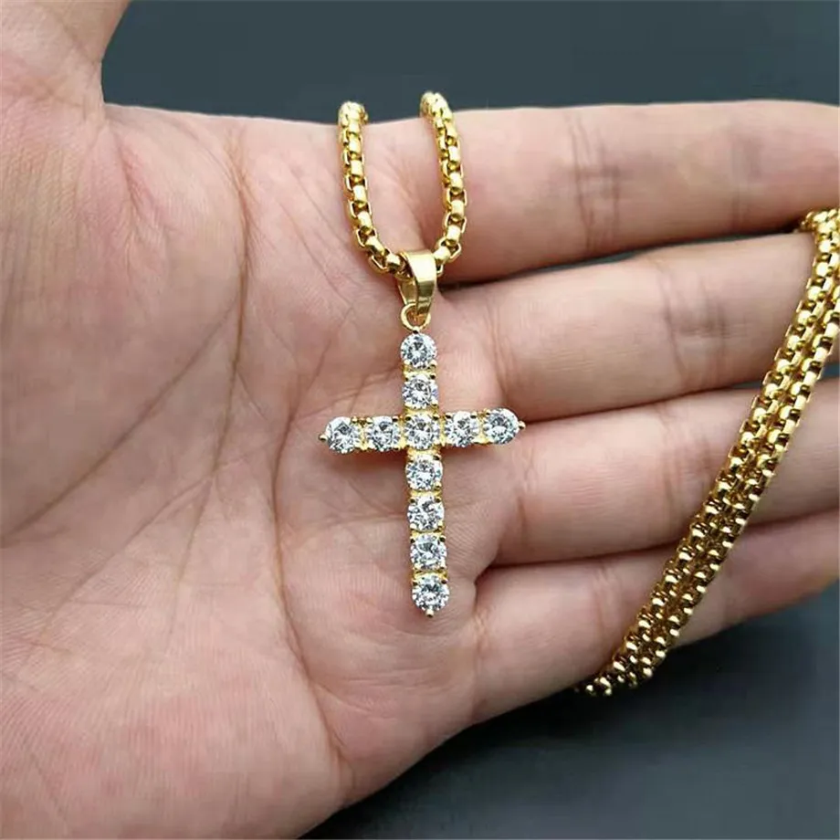 Iced Out Циркон Малый крест ожерелье цепь Женская Хип-хоп ювелирные изделия из нержавеющей стали CZ Bling крест религиозная Подвеска Ожерелье