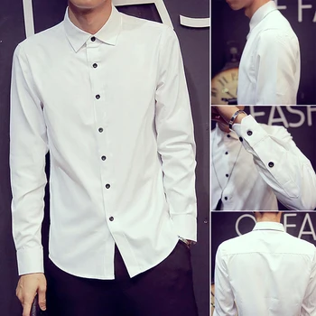 

Fashion Business Gift Solid Daily Casual Slim Spring White Men Shirt Cotton Top Long Sleeve Buttons