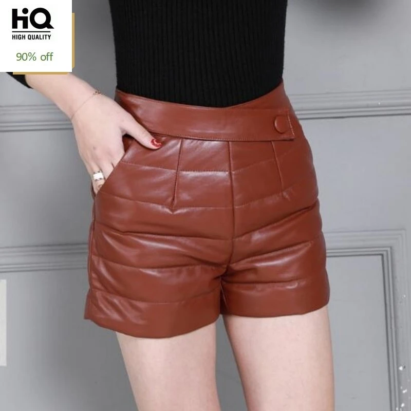 

Winter Genuine Leather Shorts Women High Waist Plaid Warm Sheepskin Short Pants Streetwear England Style Brand Ladies Shorts