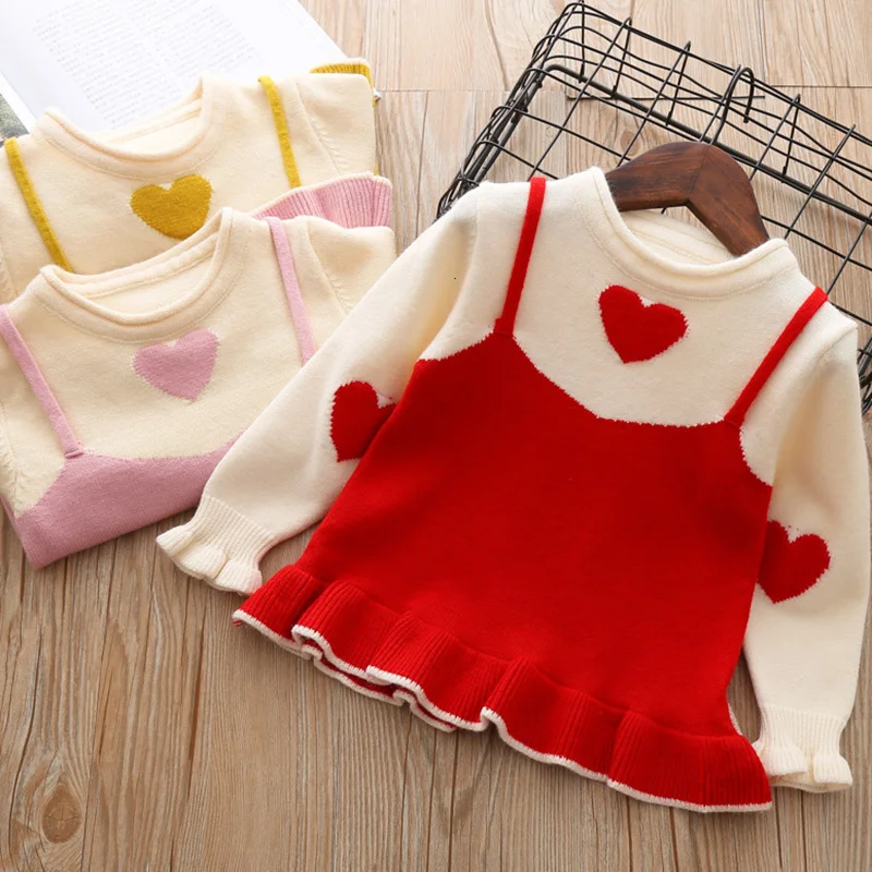 Baby Girls Sweater 2019 New Spring and Autumn Love Fake Two-piece Children's Kids Toddler Clothes | Детская одежда и обувь