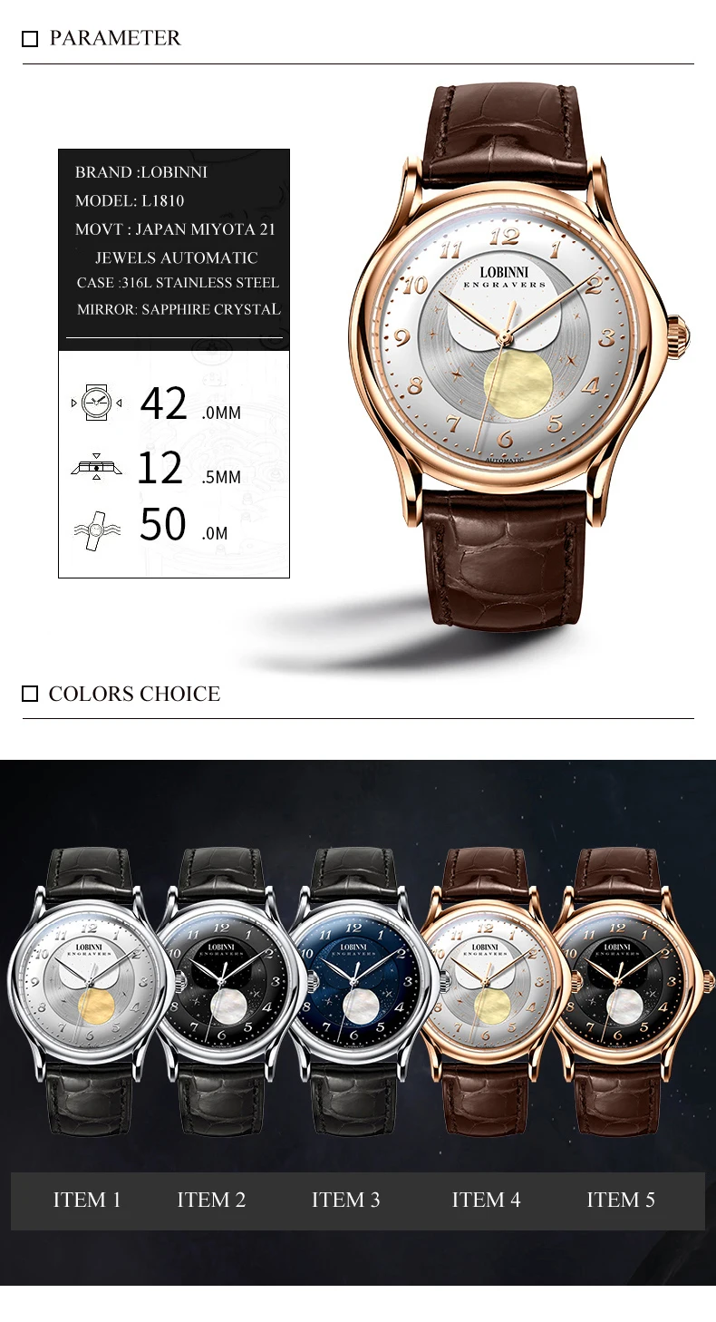 Швейцарские роскошные Брендовые мужские часы LOBINNI, японские автоматические механические мужские часы MIYOTA, сапфир, фаза Луны, reloj hombre L1810