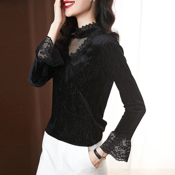 

COIGARSAM 3XL Plus Size Fashion Full Sleeve blouse women New Spring Lace blusas womens tops and blouses Black 2128