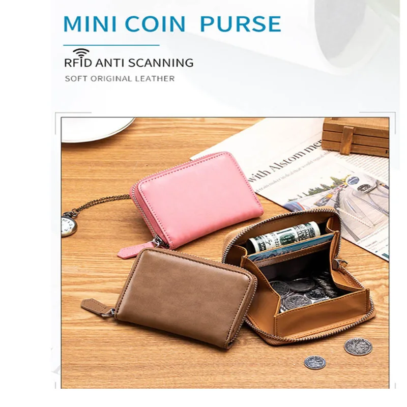 

RFID Zipper Coin Purse Pouch Portable Leather Cash Wallet Pocket Women Girls Elegant Blocking Business Card Organizer Holder