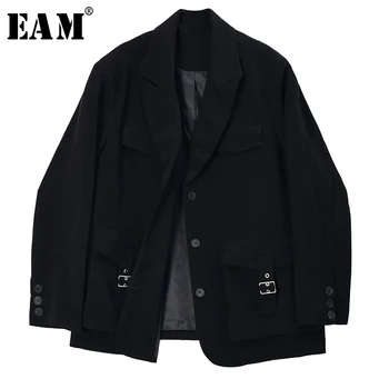 

[EAM] Women Black Pocket Stitch Big Size Blazer New Lapel Long Sleeve Loose Fit Jacket Fashion Tide Spring Autumn 2020 1S199