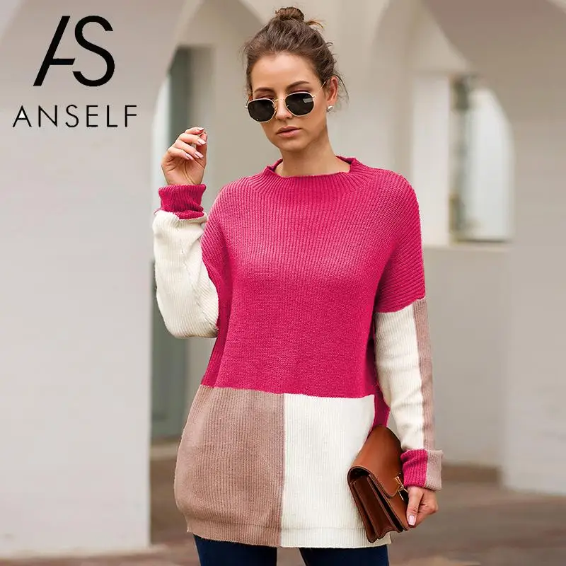 

ANSELF Knit Sweater Women Pullovers Color Block Splicing High Neck Long Sleeve Knitting Long Tops Ribbed Sweater female Jumpers