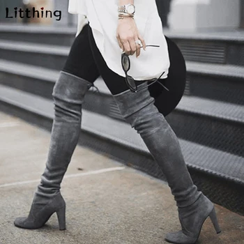 

Litthing Women Thigh High Boots Fashion Suede Leather High Heels Lace up Female Over The Knee Boots Shoes 2019 Plus Size 43