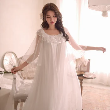 

Fashion ruffles O-neck long style women night dress flare half-sleeves solid gauze vintage princess nightgowns