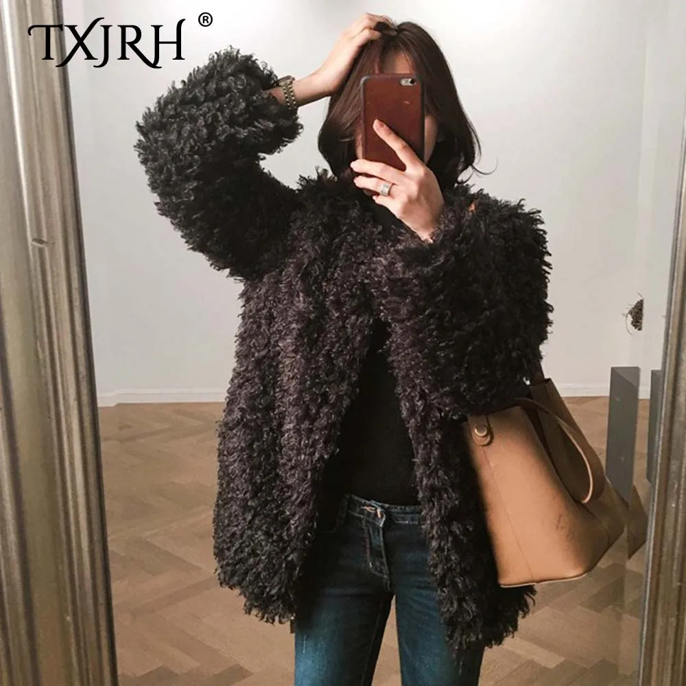 TXJRH Корея волосатые лохматый искусственного поярок меховой пальто стильные Для женщин, плотное пальто с длинными рукавами и Утепленная одежда Средний длинная куртка Верхняя одежда; 3 цвета