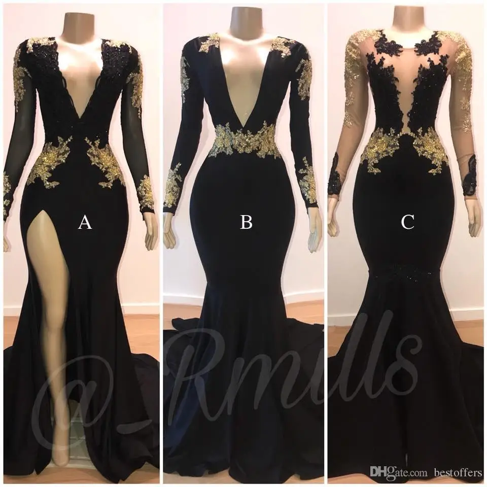 

Sexy Deep V-Neck Long Mermaid Black Prom Dresses 2019 Gorgeous Golden Lace Appliques Long Sleeve Open Back Evening Party Dresses