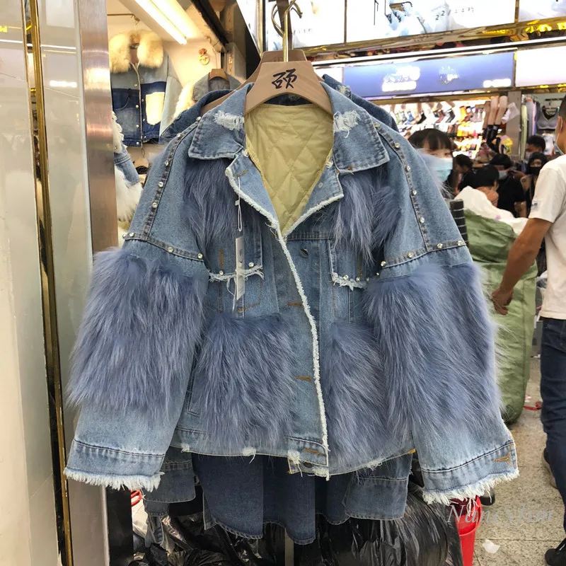 

Real Raccoon Fur Jeans Jackets Woman Loose Autumn and Winter New Removable Cotton Liner Fashion Warm Denim Coat 2020