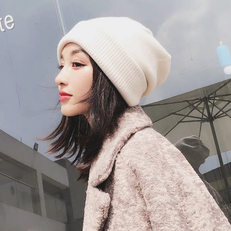Зимняя женская кашемировая шапка вязаная Gorros модная Корейская теплая мягкая женская повседневная одноцветные бейсболки зимняя женская шапка бини белая - Цвет: Color 1
