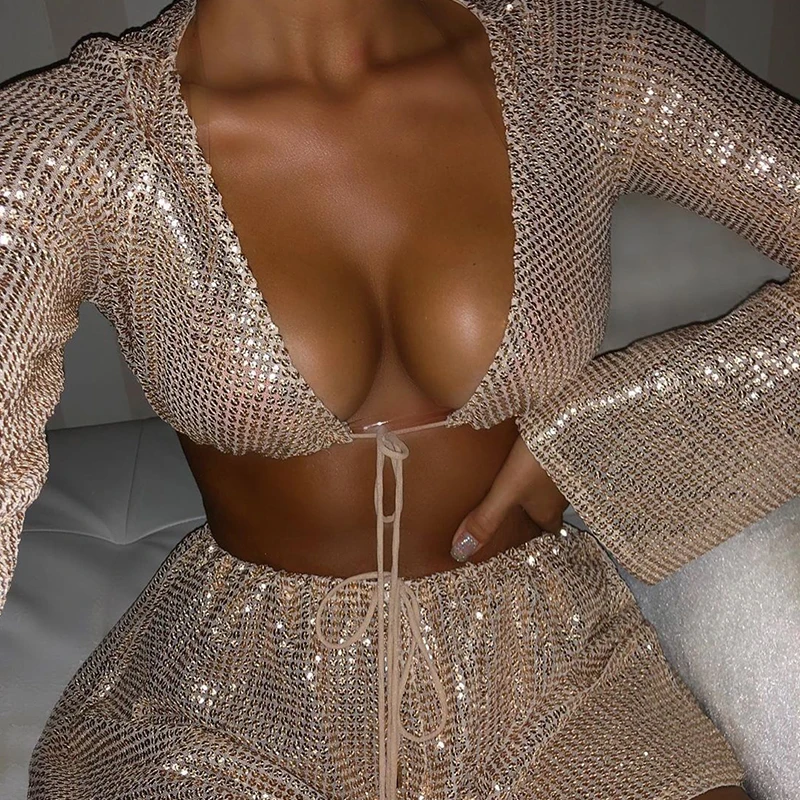Misswim сексуальный комплект из двух предметов с блестками, Короткий комбинезон, женский комбинезон с завязками, Женский костюм с длинным рукавом, костюм с v-образным вырезом, костюм пляжного типа XXL