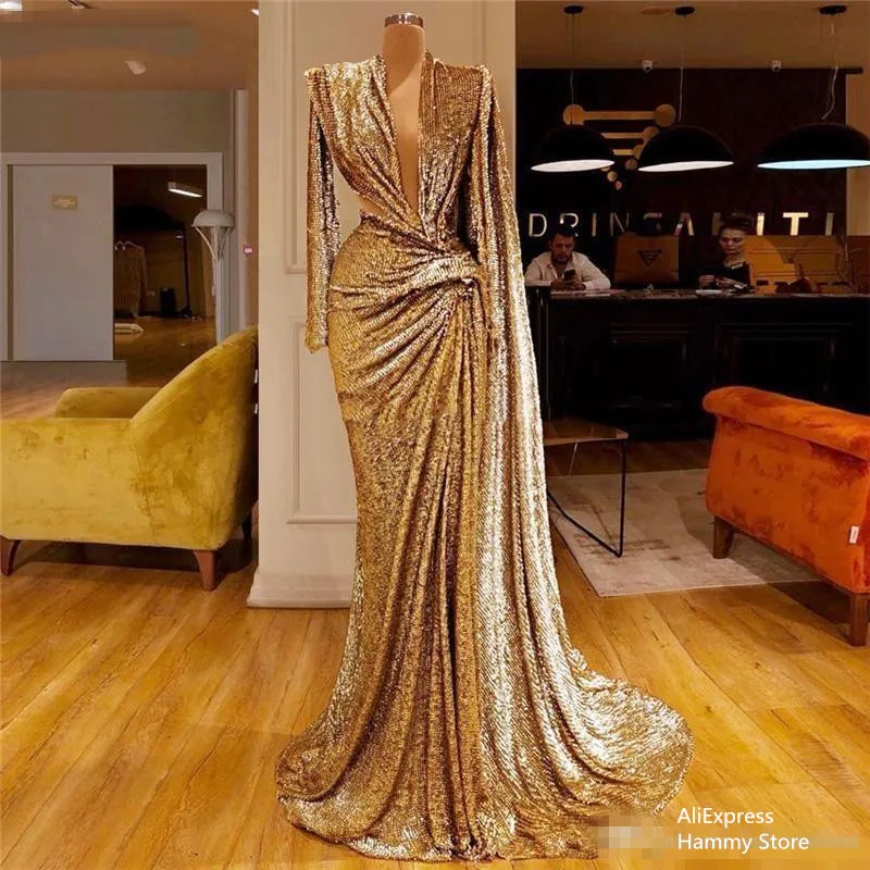 

2020 Sparkly Sequined Gold Evening Dresses With Deep V Neck Pleats Long Sleeves Mermaid Prom Dress Dubai African Party Gown