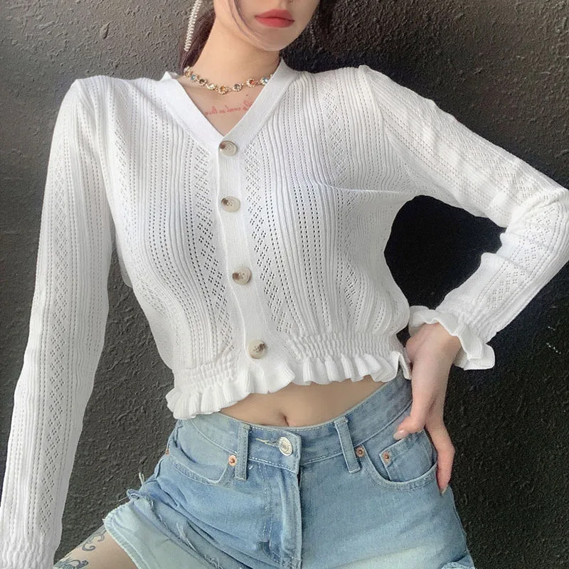

2020 New Long Sleeve Sweater For Women Solid White Cute Cropped Cardigan V Neck Button Up Knitted Fall Winter Clothes Fashion