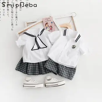 

Baby Boys And Girls Two Pieces Sets Korean School Infant Children Top Shirts+Pants+Dress College Summer 2PCS Sets Suit 1-6 Years