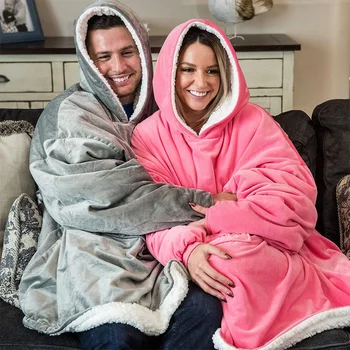 

Winter Outdoor Hooded Pocket Blankets Warm Soft Hoodie Slant Robe Bathrobe Sweatshirt Pullover TV Fleece Blanket With Sleeves