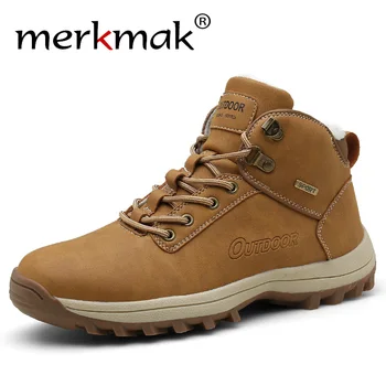 

Merkmak Winter Warm Snow Men Boots Leather Plus Velvet High Top Men Shoes Botas Hombre Waterproof Working Ankle Boots