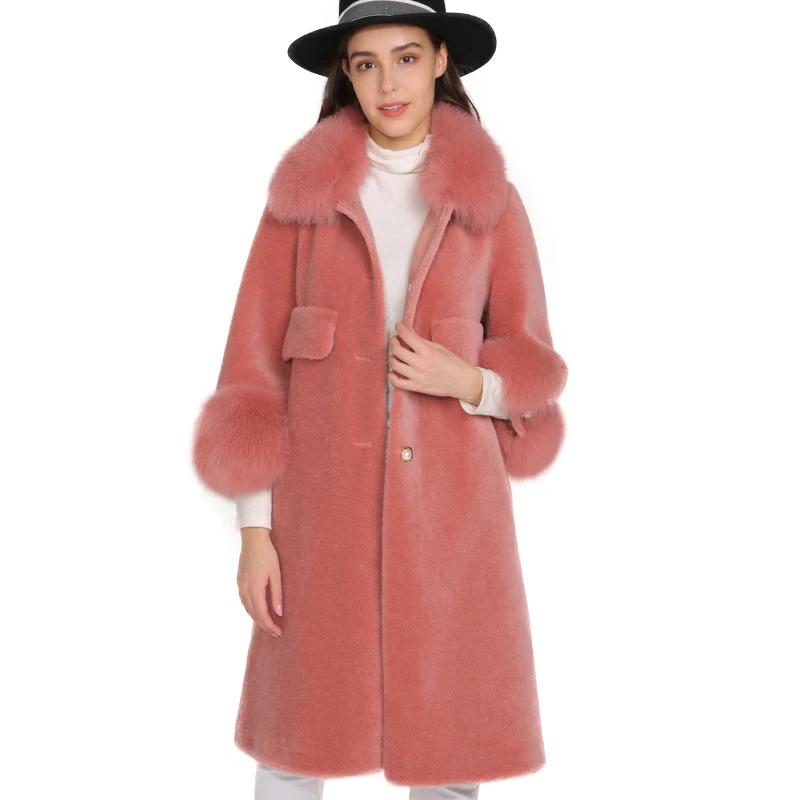Real Sheep Fur Coat Long Style ReaL Fox Collar Cuffs Elegant Wool Winter Women | Женская одежда