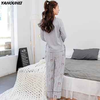 

100% Cotton V-neck Pajama Sets For Women 2019 Autumn Long Sleeve Pyjamas Girls Cute Cartoon Homewear Pijama Lounge Home Clothing