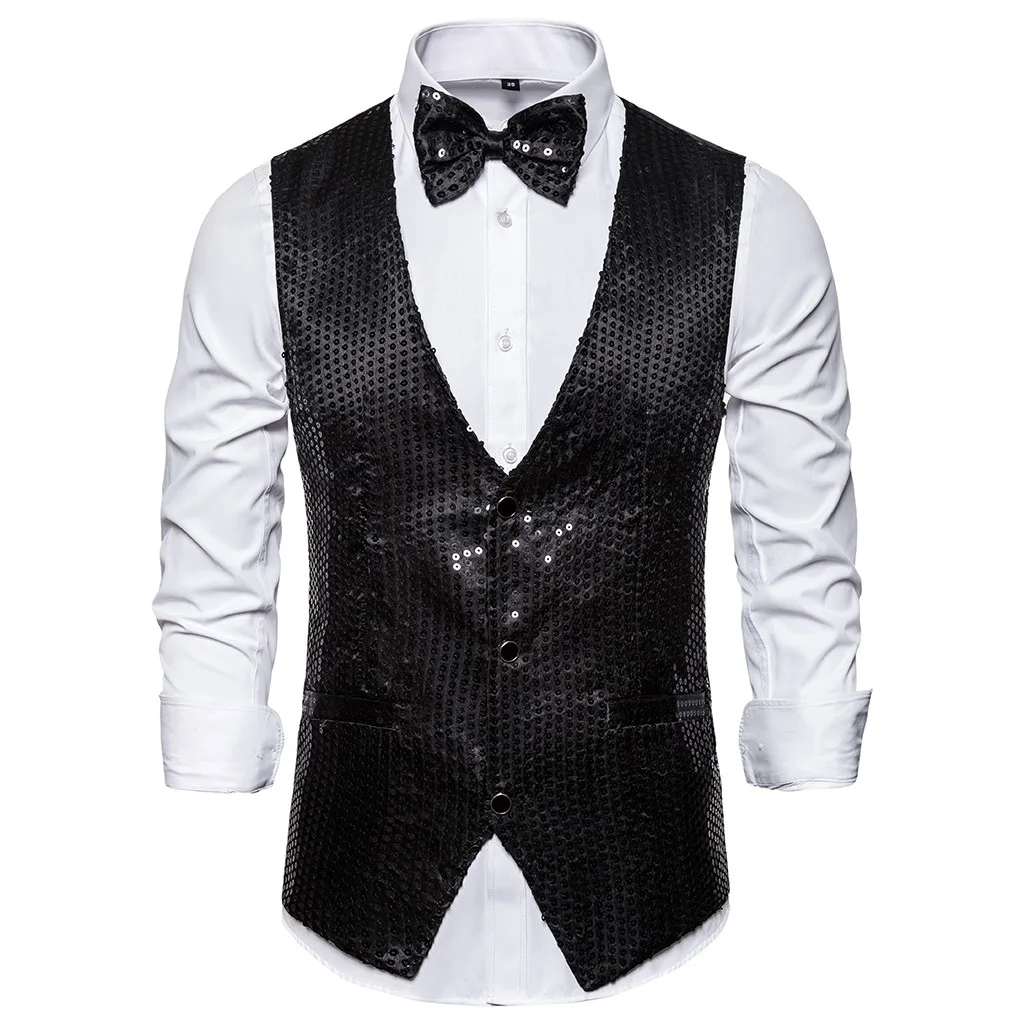 bk Костюм жилет мужской блейзер блесток Slim Fit бизнес свадебный жилет Формальные шоу жилет d90805 - Цвет: bk