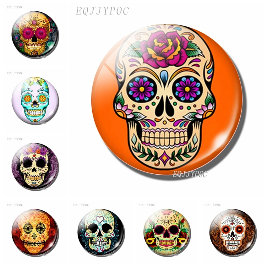 

Sugar Skull Refrigerator Magnet Glass Convex Round Refrigerator Sticker Folk Art Skull Fridge Magnet HomeDecoration