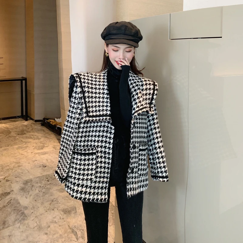 

Small fragrant woolen coat women autumn winter 2020 new versatile Korean version of small temperament thousand bird plaid coat