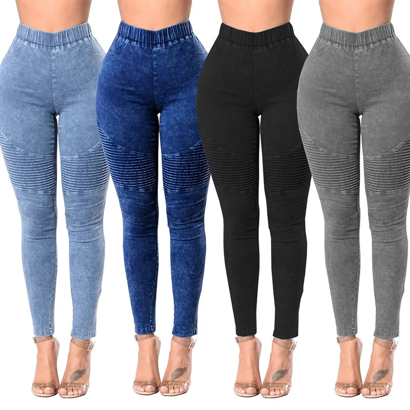 Женские джинсовые обтягивающие леггинсы, брюки, весна-осень, высокая талия, тянущиеся плиссированные джинсовые брюки-карандаши размера плюс
