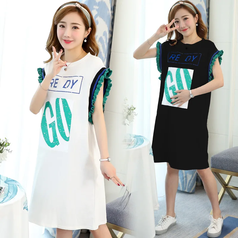 

Maternity Clothes 2019 Summer Loose-Fit Casual Dress New Style Korean-style Printed Flounced Sleeves T-shirt Maternity Dress