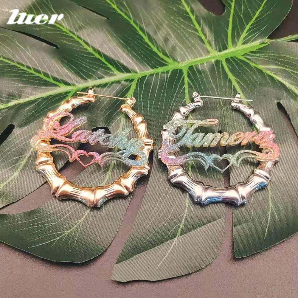 LUER 30mm-100mm Custom Bamboo Hoop Earring Customize Name Glitter Color Earrings Bamboo Style Personality Heart-Shaped Design