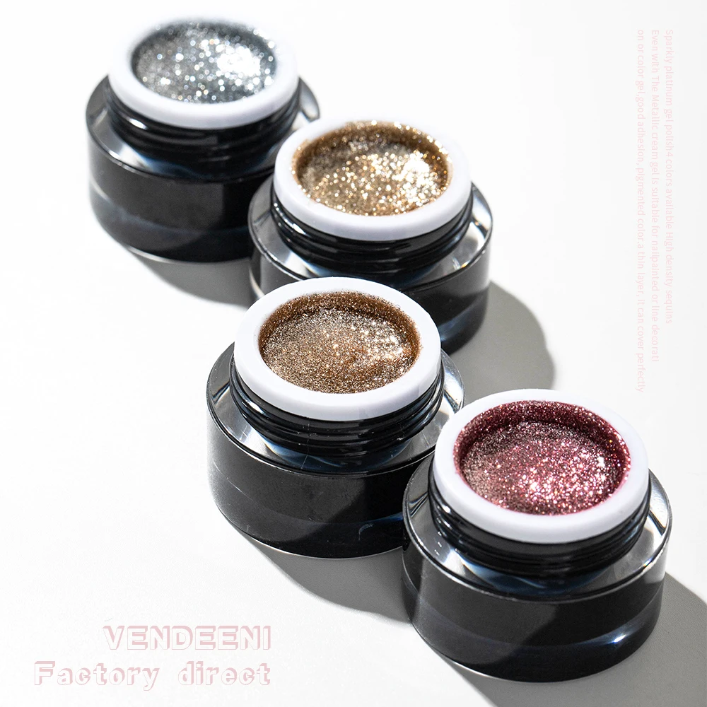 Vendeeni 글리터 플래티넘 젤 매니큐어 파인 파우더 하이브리드 스파클링 UV 젤 바니시, 샤이니 네일 아트 라이너 젤 래커, 4 색