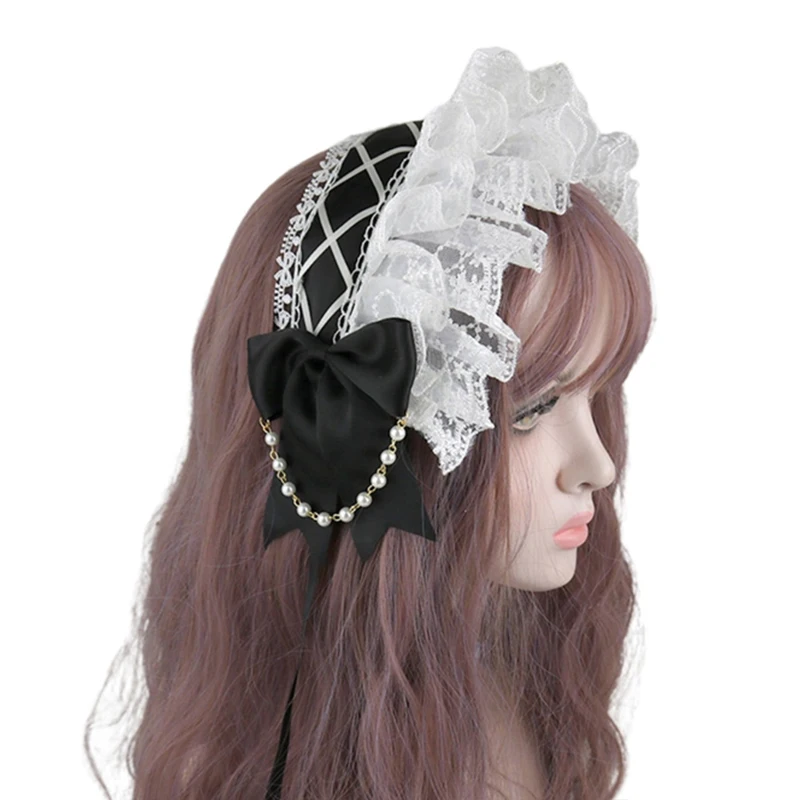 

Ruffled Lace Headpiece Headband Japanese Style Crisscross Ribbon Pearls Maid Headdress Vintage Lolita Dress Accessories for Girl