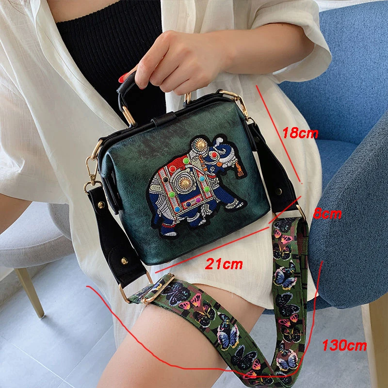 Vintage Embroidery Elephant Bag Bags Wide Butterfly Strap PU Leather Chain Women Shoulder Crossbody Bag Tote Women's Handbags