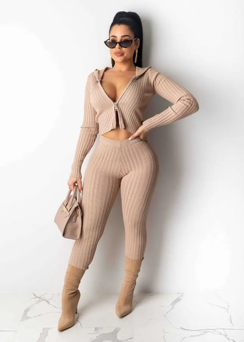 HAOYUAN Sexy Knitted Two Piece Set Tracksuit Women Fall Winter Clothing Crop Top and Pants Matching Suit 2 Piece Club Outfits