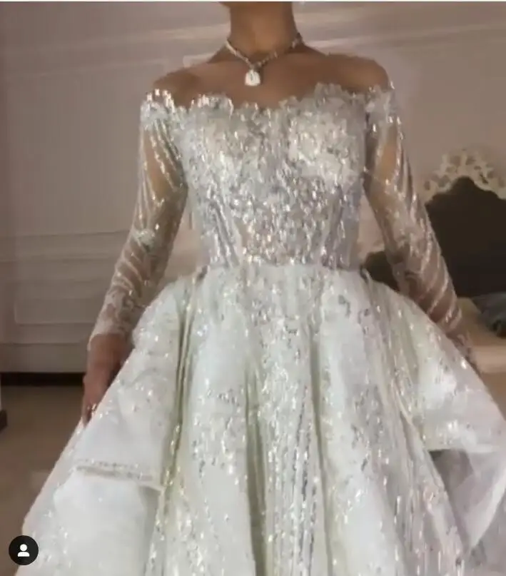 Дубай Роскошные Блестящие Свадебные платья с длинными рукавами из бисера Кружева блестками вечерние платья в сборку скромное свадебное платье Casamento