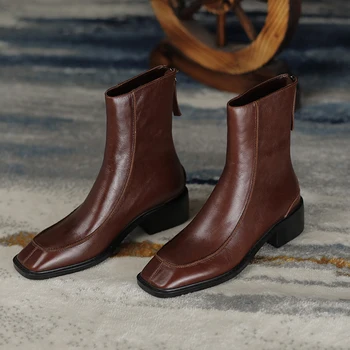 

100% Genuine Leather Women's Ankle Boots Fashion Autumn Winter 4.5cm Thick Heels Pumps casual motorcycle Shoes Woman
