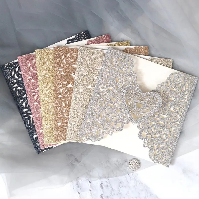  10pcs Glitter Laser Cut Rose Heart Shape Wedding Invitations Card Party Supplies - 4.00027E+12