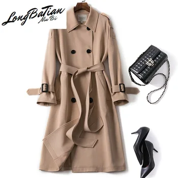 

Autumn Long Trench Coat For Women Fall High Quality Slim Black Khaki Double Breasted Windbreaker Office Lady Business Outerwear