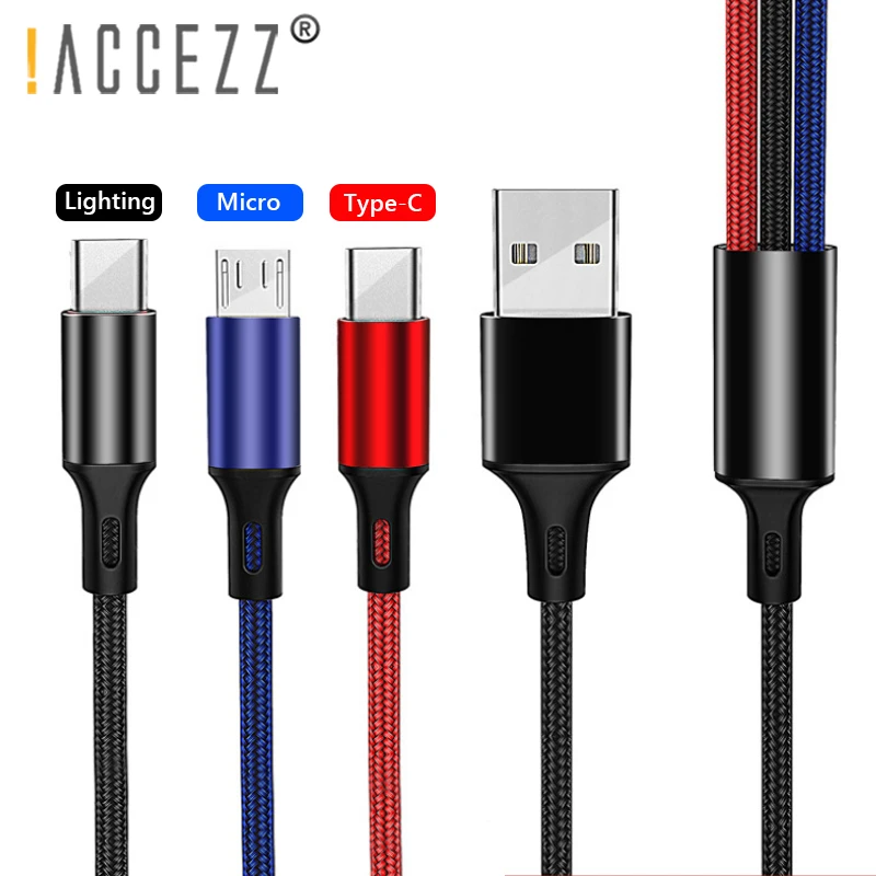 ! ACCEZZ 3 в 1 зарядный кабель Micro USB 8Pin для iPhone X 8 7 XS MAX XR Plus Type C освещение Xiaomi Huawei 3.5A