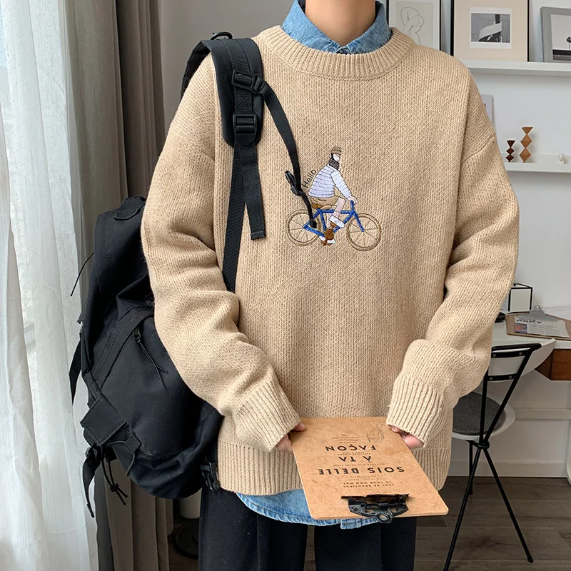 Beige Зима, корейские мужские свитера с вышивкой, круглый вырез, Молодежный, ленивый тренд, длинный рукав, вязаный мужской свитер, Мультяшные милые свитера - Color: Beige