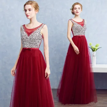 

Holievery Sequins Beaded Scoop Neck Tulle Long Evening Dress with Bow 2020 Dark Red Navy Floor Length Evening Party Gowns