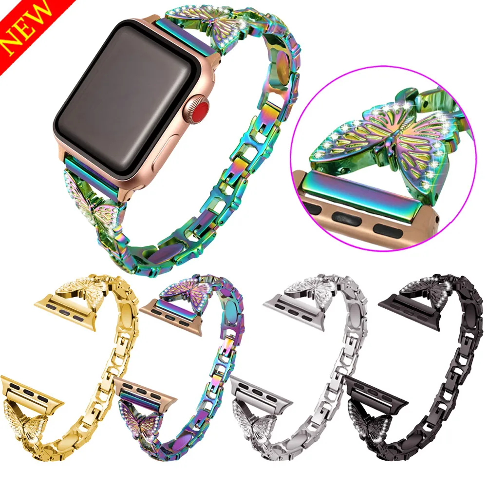 

Diamond-encrusted Butterfly Strap For Apple Watch Band 40mm 44mm Metal Stainless Steel Chain Watchbands for iWatch 38 42mm Lady
