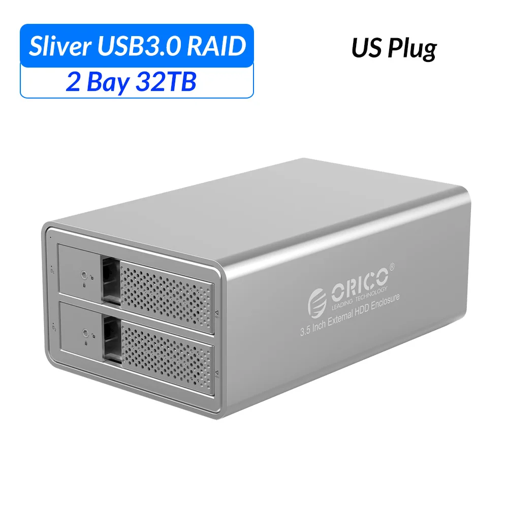ORICO 2 bay 3,5 дюймов док-станция для HDD USB3.0 to SATA с RAID алюминиевый корпус для HDD 78 Вт внешний адаптер питания чехол для HDD - Цвет: Sliver US Plug