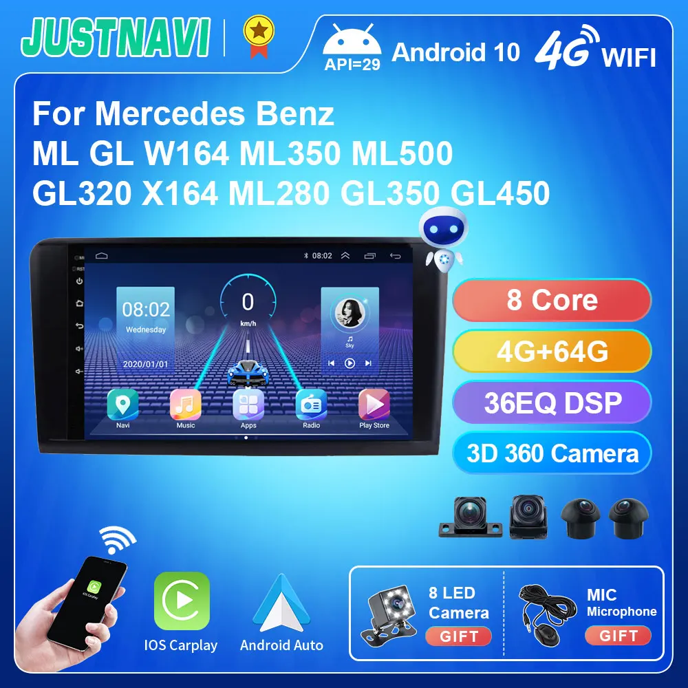

JUSTNAVI QT5 360 Android 10.0 Car Radio For Mercedes Benz ML GL W164 ML350 ML500 GL320 X164 ML280 GL350 GL450 Wireless Car Play