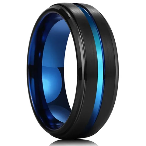 Styles Men Blue Grooved Black Stainless Steel Ring Koa Wood And Abalone Shell Inlay Arrow Red Meteorite Ring Men Wedding Band