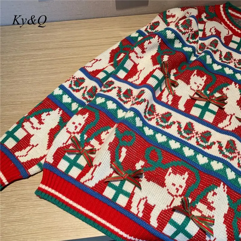 Brand Designer Winter Christmas Red Cartoon Cat Embroidered Fashion Sweater Kawaii O-neck Pullover Jumper Women Soft Tops
