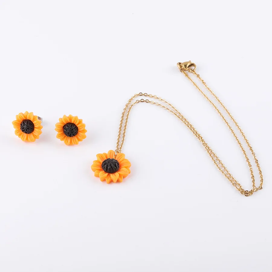 Sunflower Ear Stud Necklace Set Sunflower Necklace Ear Stud